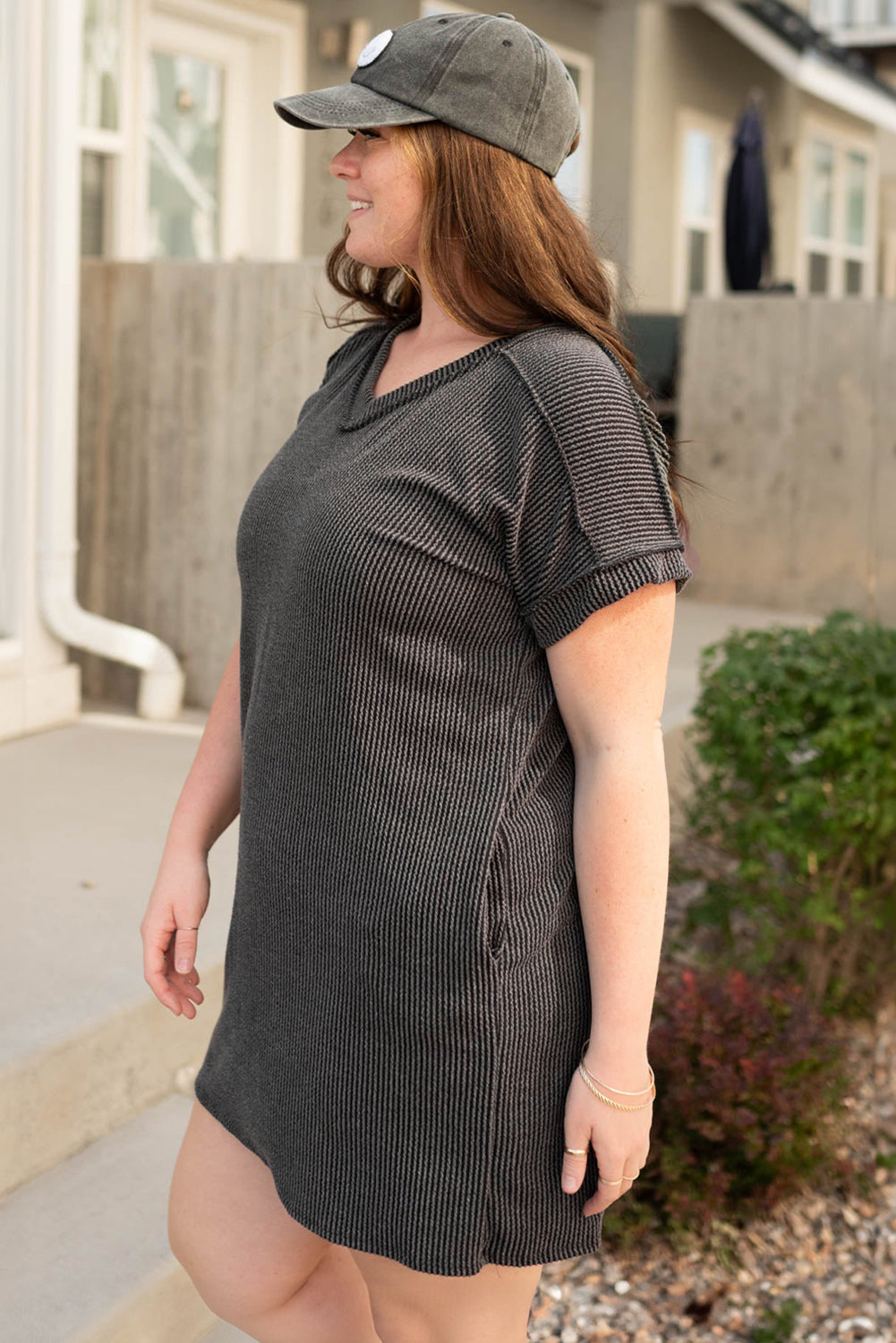 Carbon Grey Corded V Neck Plus Size T Shirt Dress with Pockets-Plus Size/Plus Size Dresses/Plus Size Mini Dresses-[Adult]-[Female]-2022 Online Blue Zone Planet