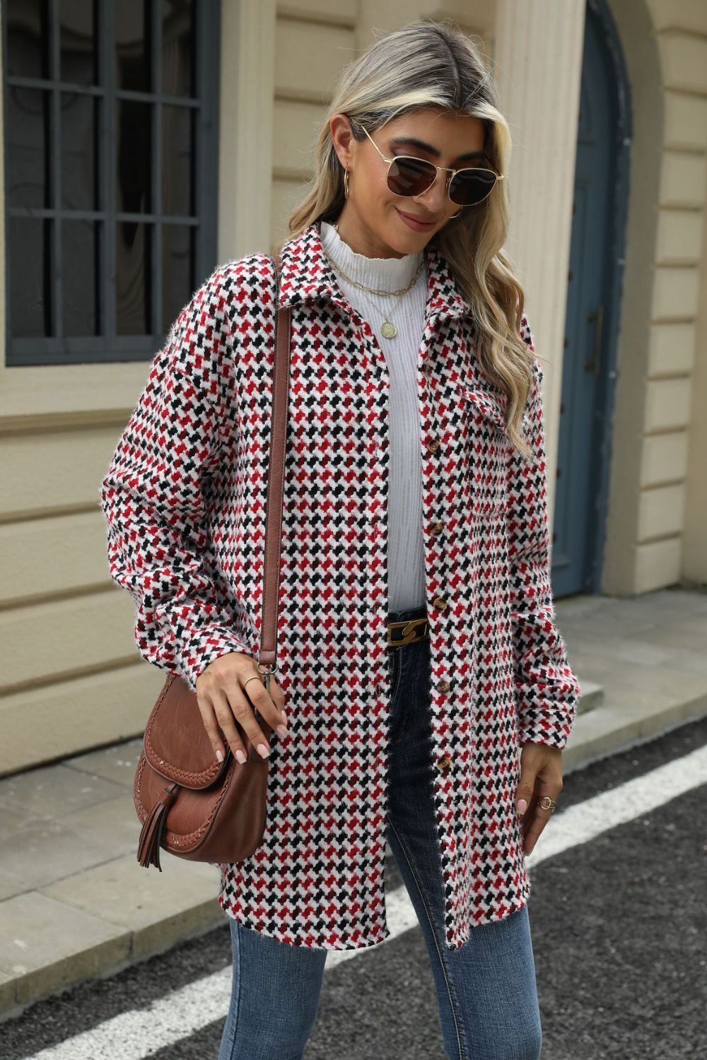 Houndstooth Button Up Dropped Shoulder Coat-TOPS / DRESSES-[Adult]-[Female]-2022 Online Blue Zone Planet