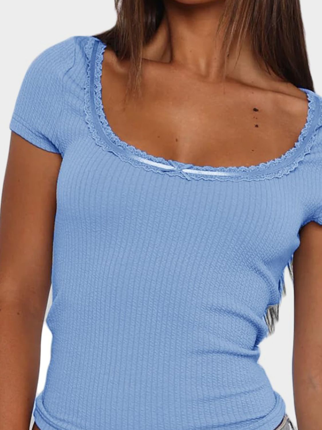 Lace Detail Scoop Neck Short Sleeve T-Shirt-TOPS / DRESSES-[Adult]-[Female]-2022 Online Blue Zone Planet