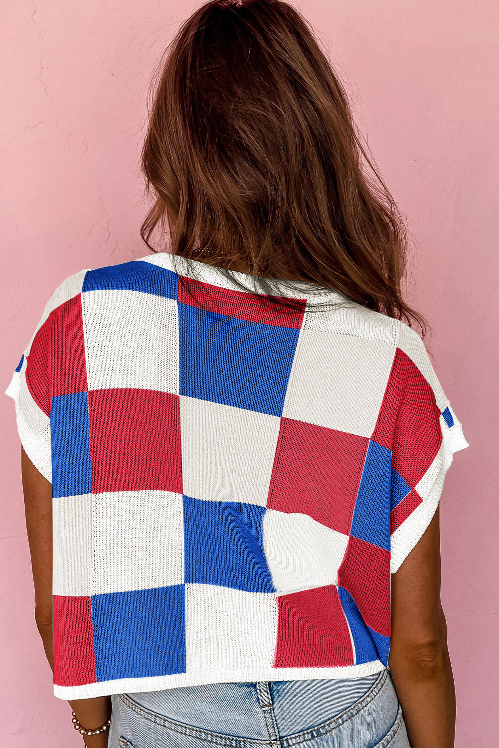 Tillandsia Purple Checkered Color Block Cap Sleeve Mardi Gras Knitted Top-Knit Tops-[Adult]-[Female]-2022 Online Blue Zone Planet
