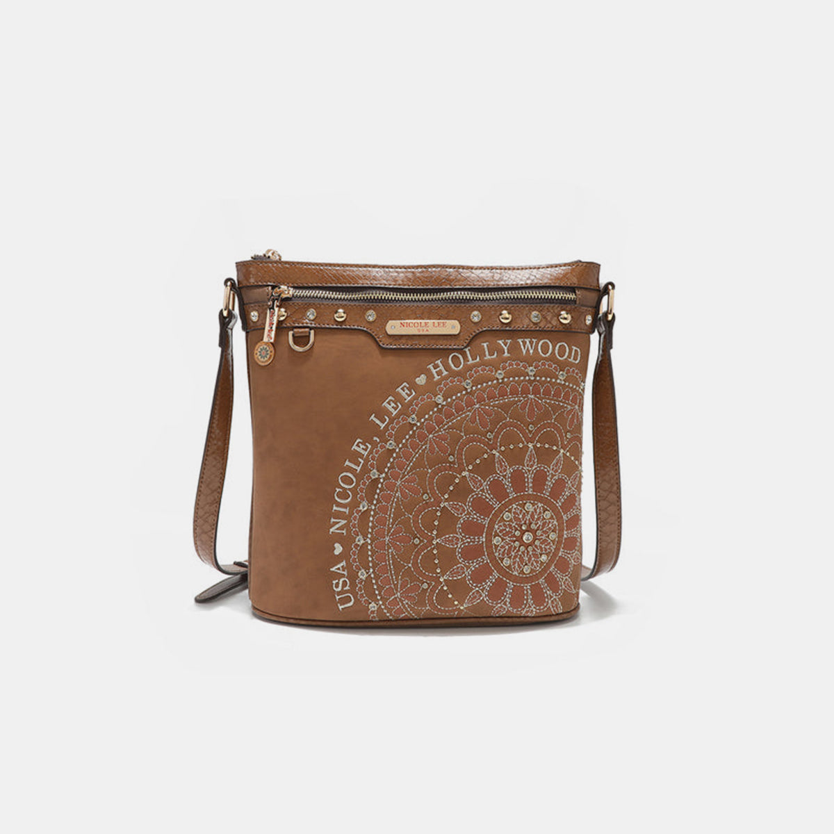 Blue Zone Planet | Nicole Lee USA Metallic Stitching Embroidery Inlaid Rhinestone Crossbody Bag-TOPS / DRESSES-[Adult]-[Female]-Brown-One Size-2022 Online Blue Zone Planet