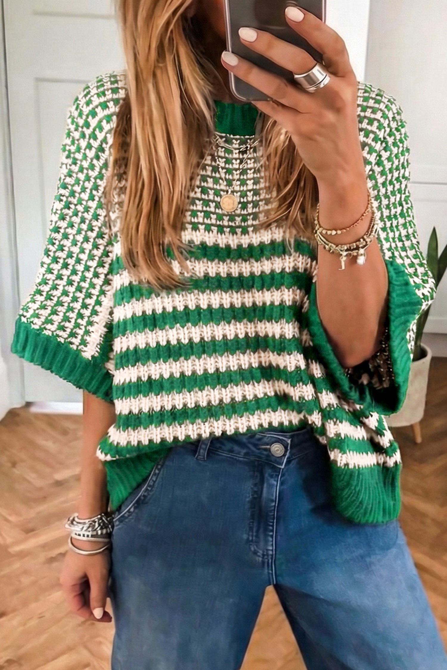 Green Stripe 3/4 Draped Sleeve Slouchy Sweater-TOPS / DRESSES-[Adult]-[Female]-Green Stripe-S-2022 Online Blue Zone Planet