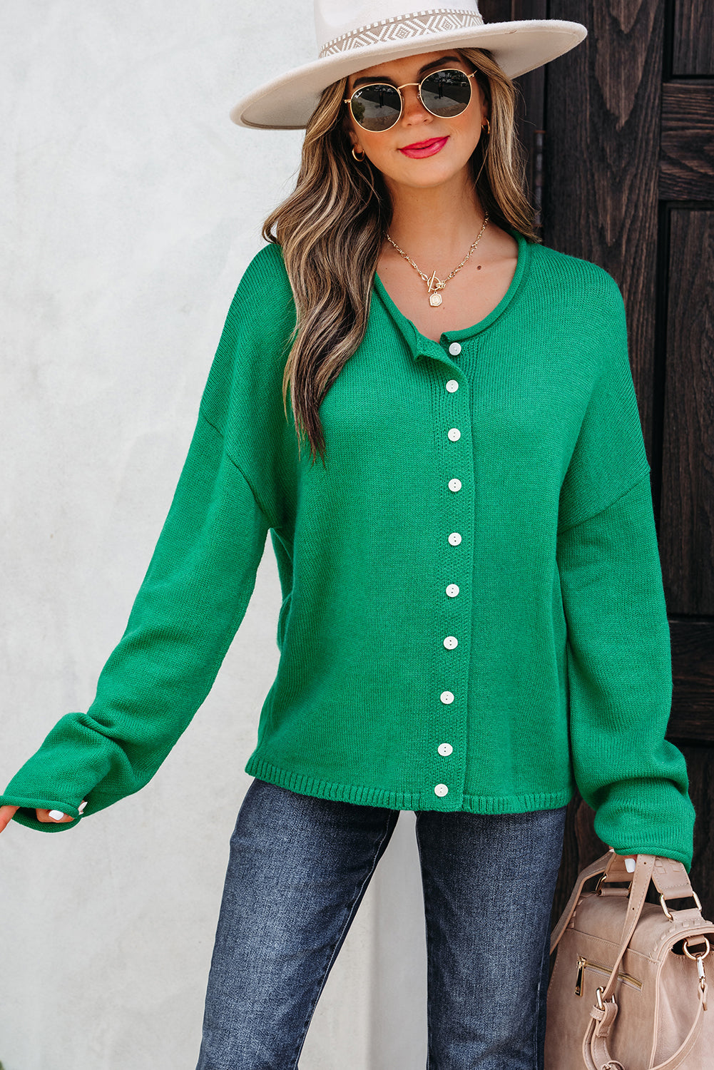 Bright Green Solid Color Knit Button Drop Shoulder Sweater Cardigan-TOPS / DRESSES-[Adult]-[Female]-2022 Online Blue Zone Planet
