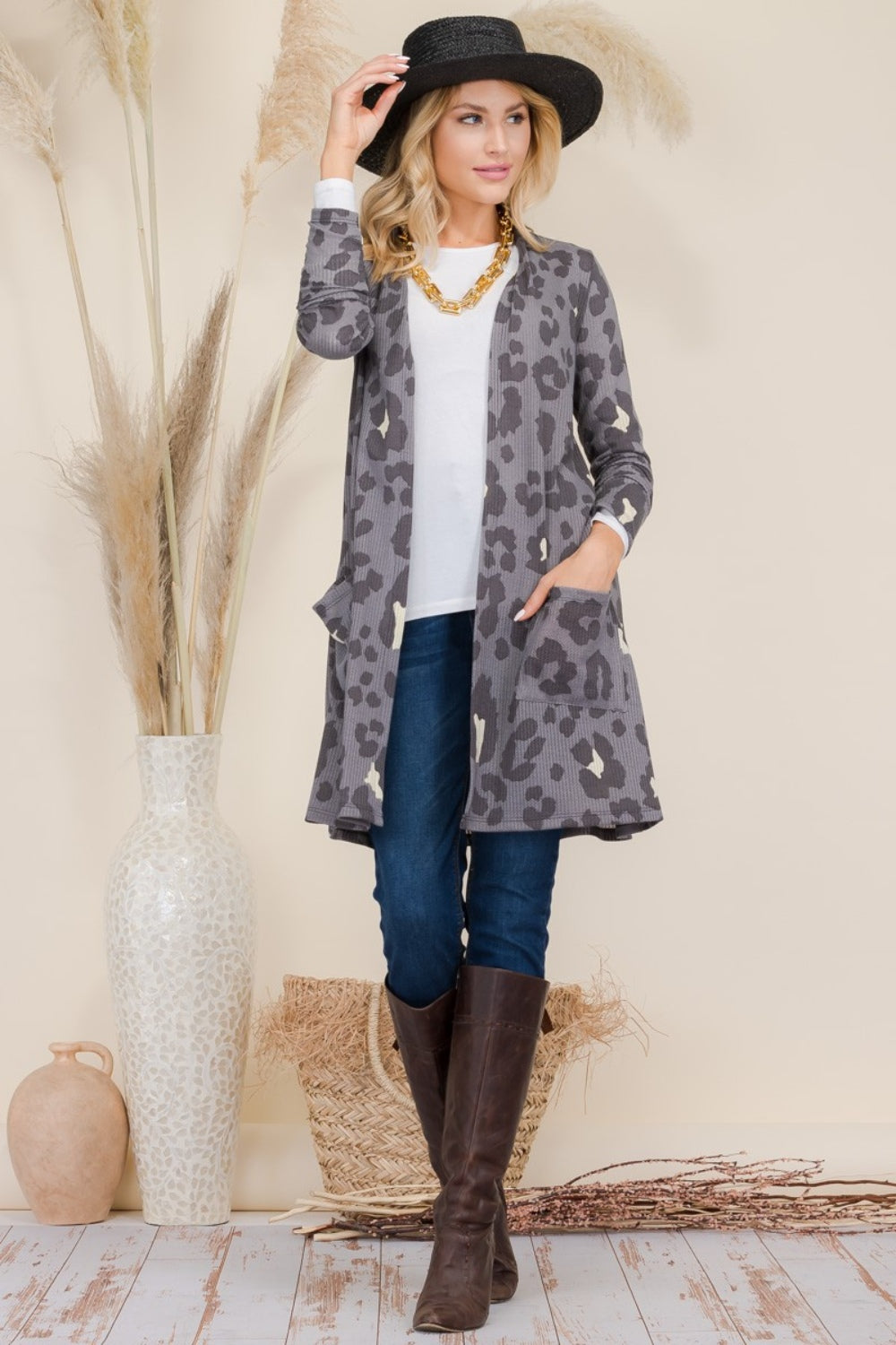 Celeste Full Size Leopard Open Front Contrast Cardigan-TOPS / DRESSES-[Adult]-[Female]-Grey Leopard-S-2022 Online Blue Zone Planet