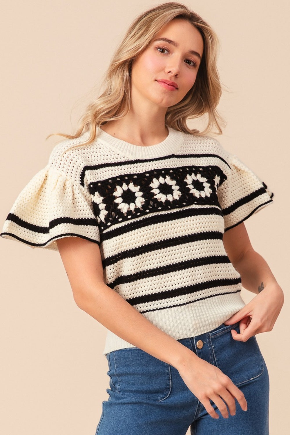 BiBi Granny Square Short Sleeve Striped Sweater-TOPS / DRESSES-[Adult]-[Female]-Ivory/Black-S-2022 Online Blue Zone Planet