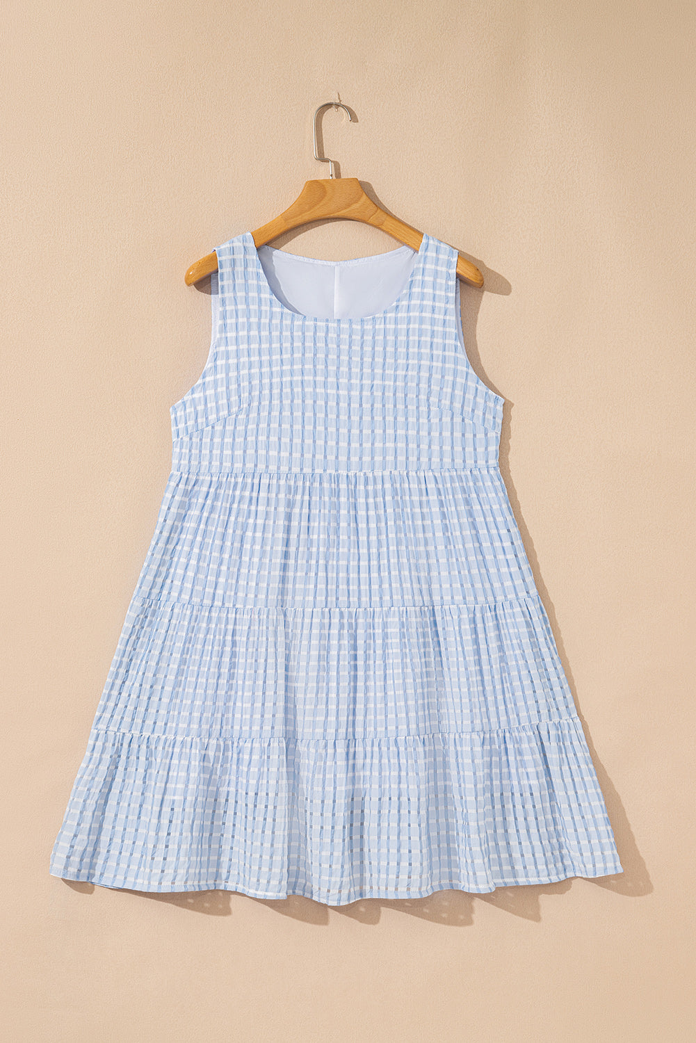 Light Blue Plaid Tiered A-line Sleeveless Mini Sundress-TOPS / DRESSES-[Adult]-[Female]-2022 Online Blue Zone Planet