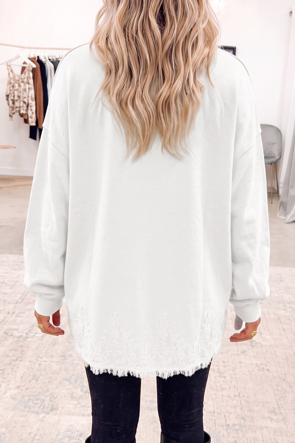 Fushia Solid Color Lace Splicing Hem Mock Neck Pullover Sweatshirt-Tops/Sweatshirts & Hoodies-[Adult]-[Female]-2022 Online Blue Zone Planet