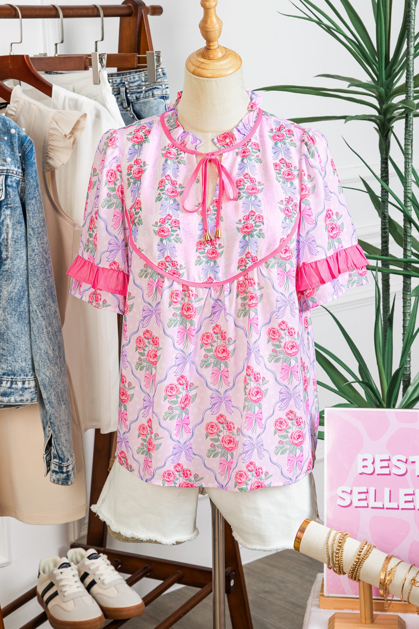 Purple Coquette Floral Bow Printed Contrast Ruffled Short Sleeve Blouse-Tops/Blouses & Shirts-[Adult]-[Female]-2022 Online Blue Zone Planet