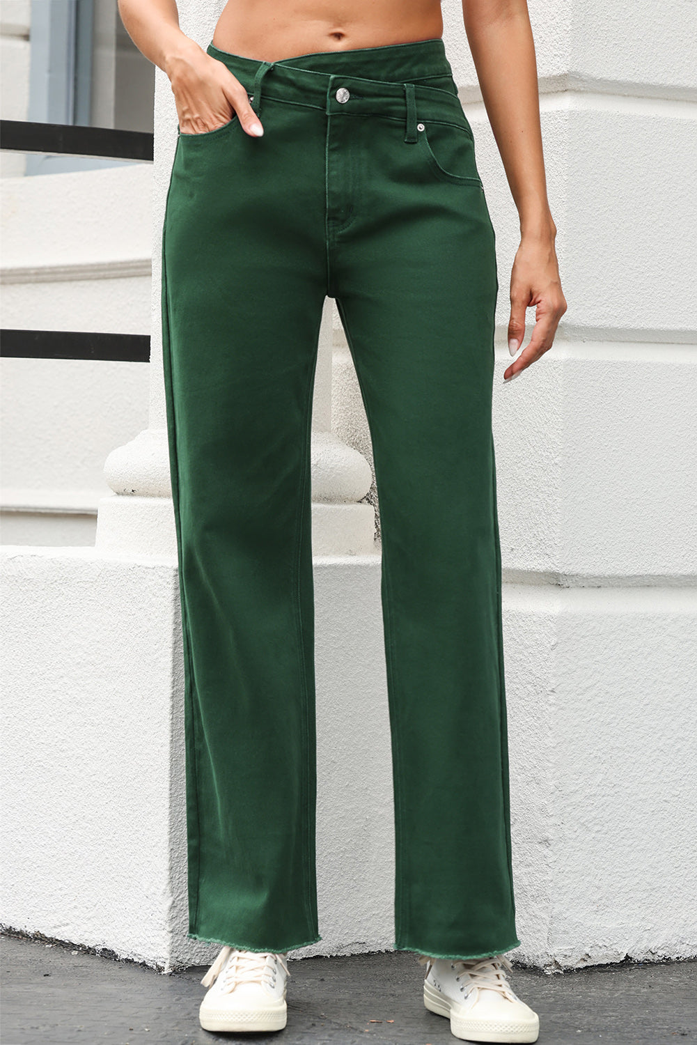 Green Crossed Waist Raw Hem Shift Jeans-Bottoms/Jeans-[Adult]-[Female]-2022 Online Blue Zone Planet
