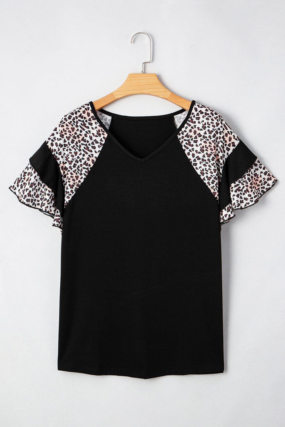 Black Leopard Ruffle Patchwork Sleeve Plus Size Summer Top-Plus Size/Plus Size Tops/Plus Size Tops & Tees-[Adult]-[Female]-2022 Online Blue Zone Planet