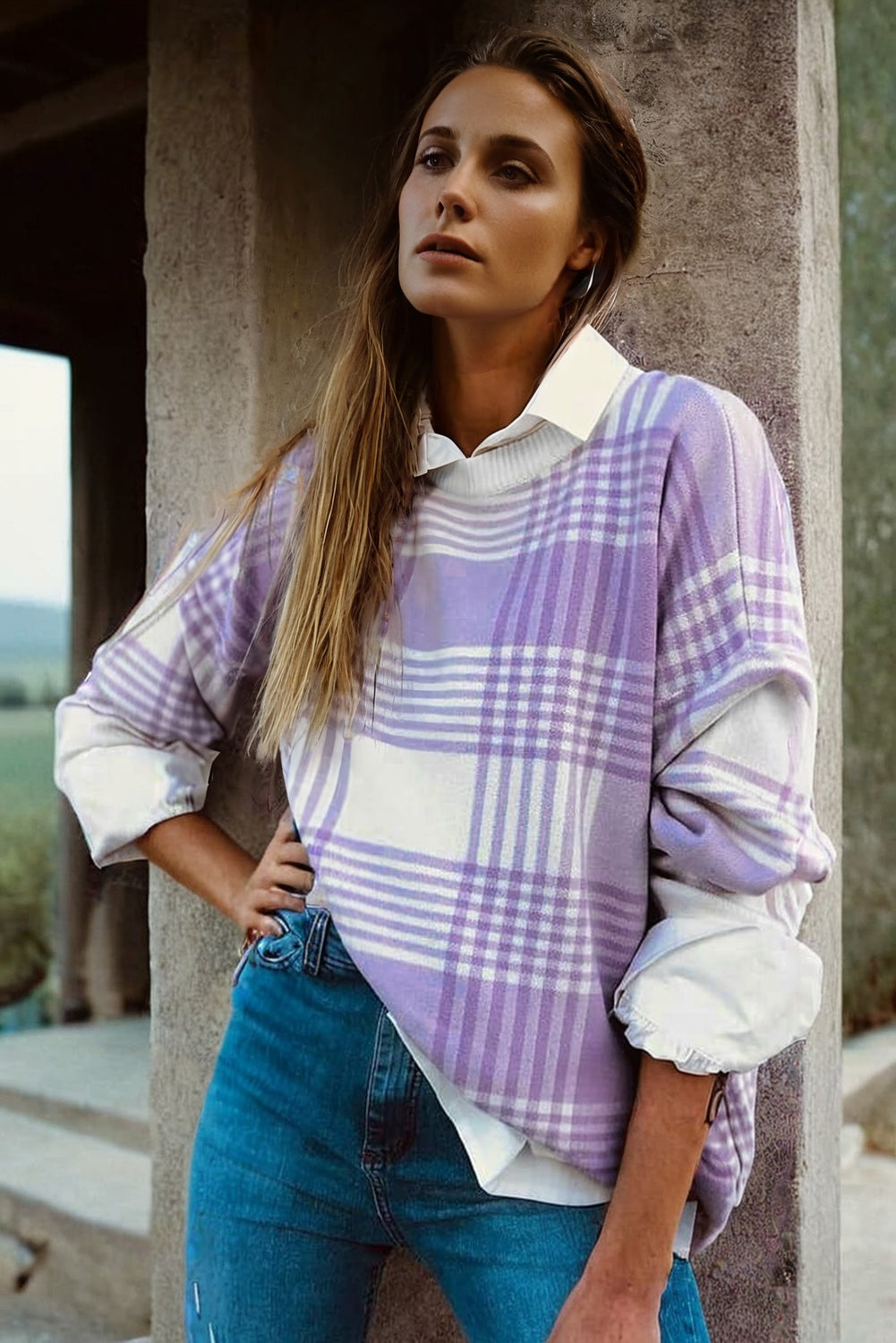 Lilac Plaid Print Ribbed Trim Loose Sweater-TOPS / DRESSES-[Adult]-[Female]-2022 Online Blue Zone Planet