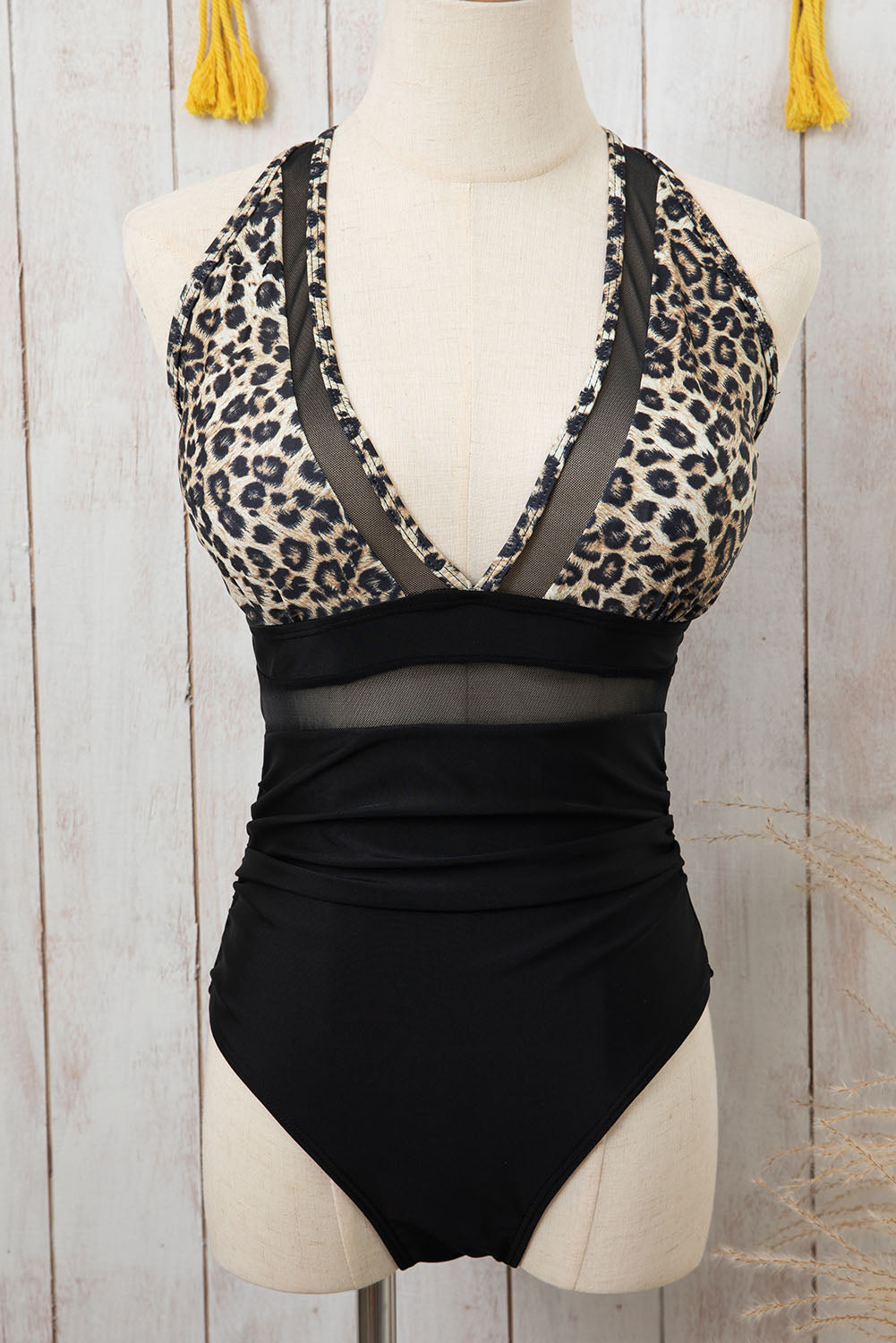 Brown Leopard Mesh Insert V Neck High Waist Monokini Blue Zone Planet