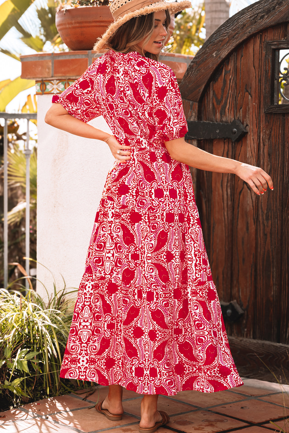 Blue Zone Planet | Red Paisley Print Side Slit Puff Sleeve High Waist Maxi Dress-TOPS / DRESSES-[Adult]-[Female]-2022 Online Blue Zone Planet