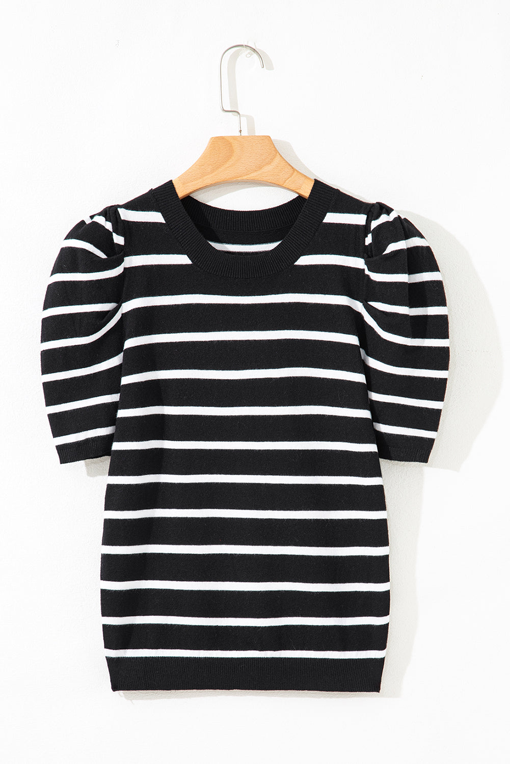 White Stripe Ribbed Trim Round Neck Bubble Sleeve Knitted Top-Sweaters & Cardigans/Short Sleeve Sweaters-[Adult]-[Female]-2022 Online Blue Zone Planet