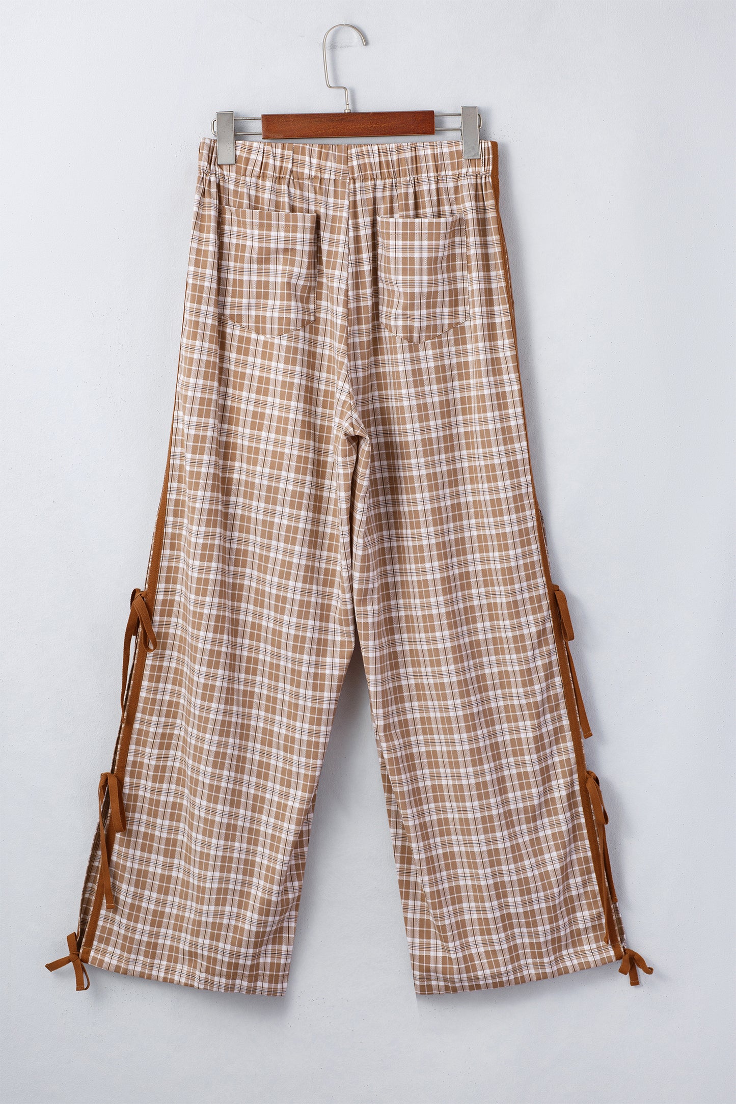 Chestnut Plaid Print Elastic Waist Bow Tie Contrast Detail Jogger Pants-Bottoms/Pants & Culotte-[Adult]-[Female]-2022 Online Blue Zone Planet