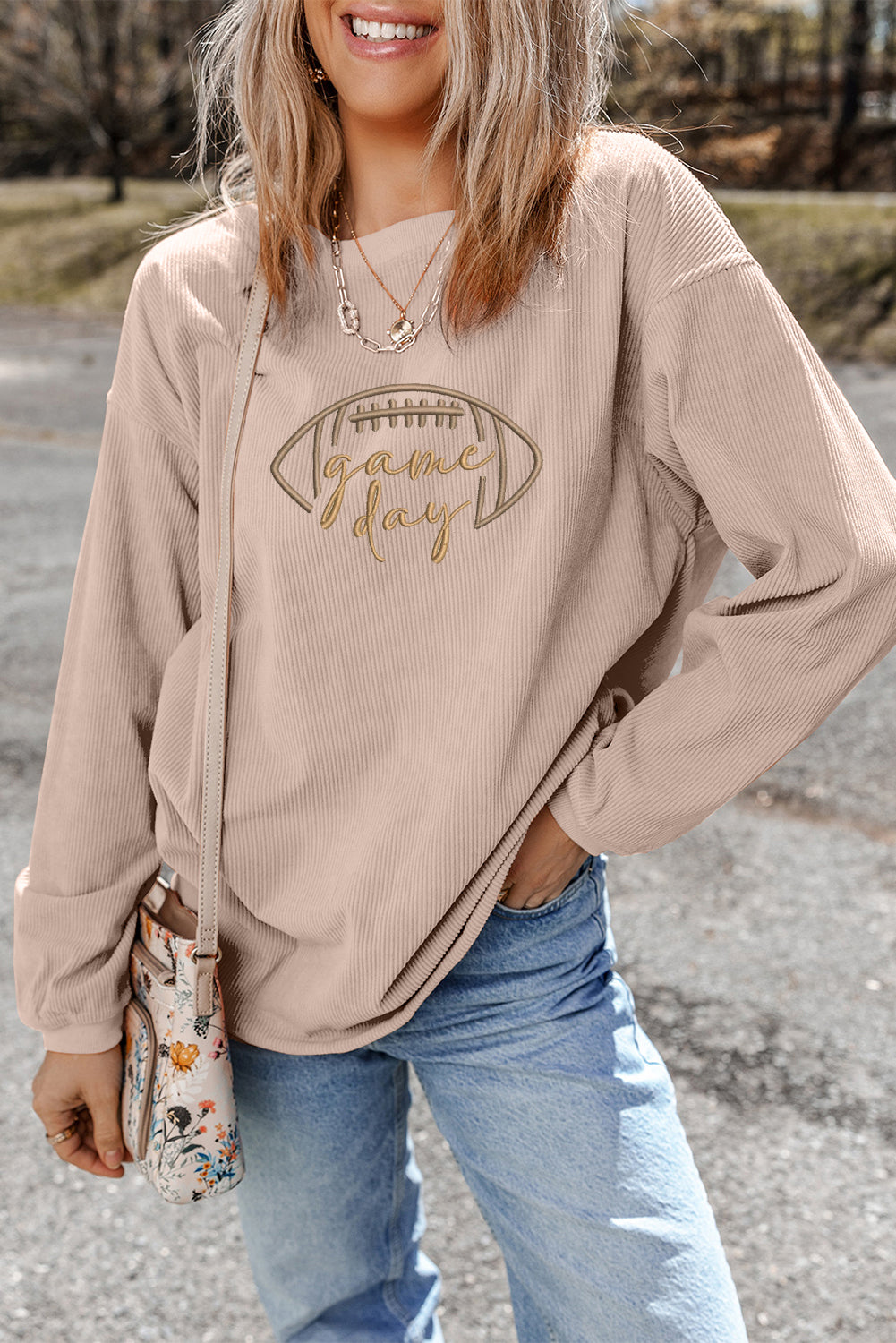 Apricot Rugby Game Day Embroidered Corduroy Sweatshirt-Graphic/Graphic Sweatshirts-[Adult]-[Female]-2022 Online Blue Zone Planet