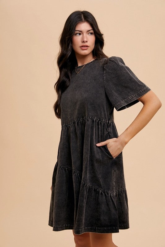 Annie Wear Mineral Washed Round Neck Short Sleeve Denim Dress-TOPS / DRESSES-[Adult]-[Female]-2022 Online Blue Zone Planet