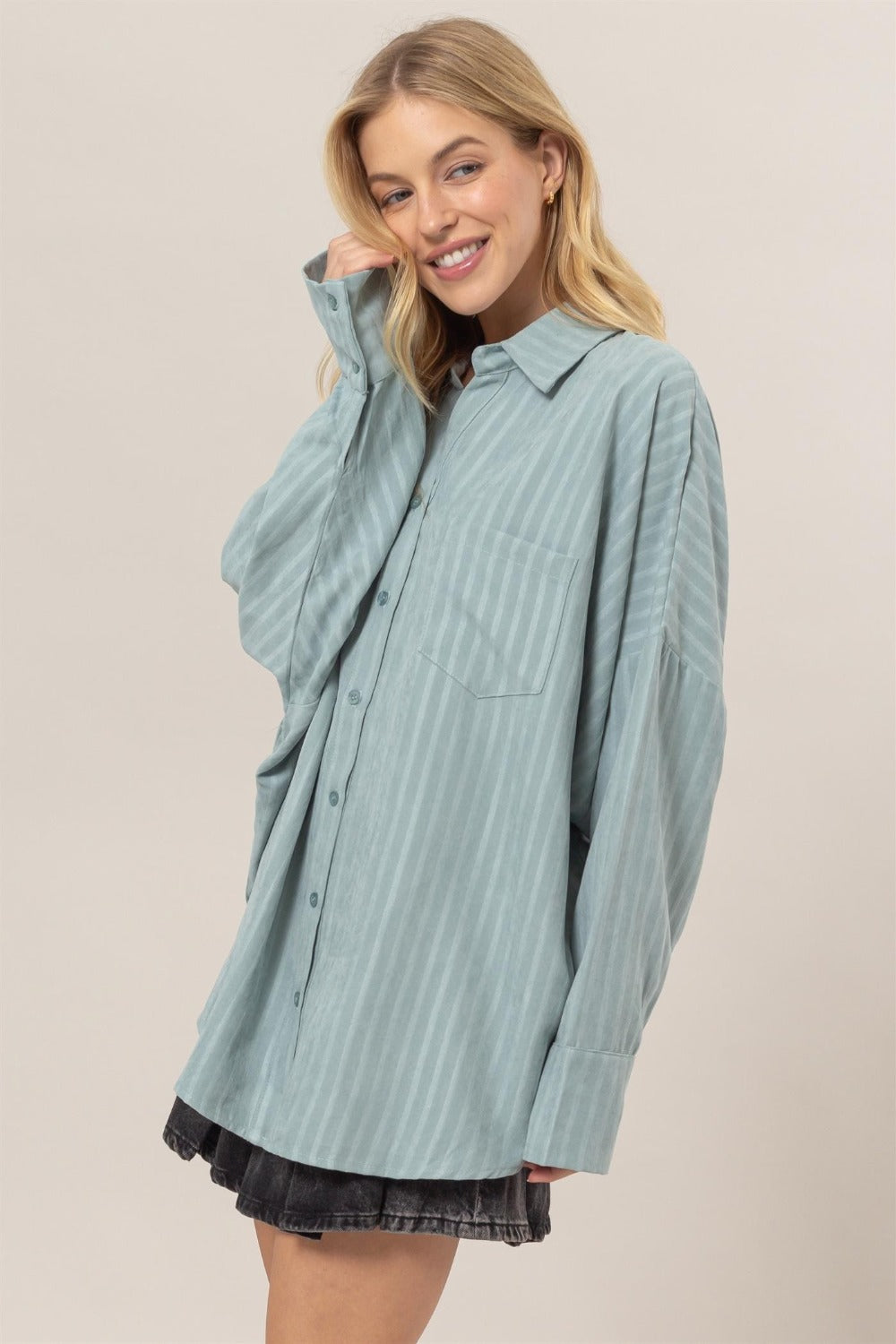 HYFVE Stripe Button Down Long Sleeve Oversized Shirt-TOPS / DRESSES-[Adult]-[Female]-2022 Online Blue Zone Planet