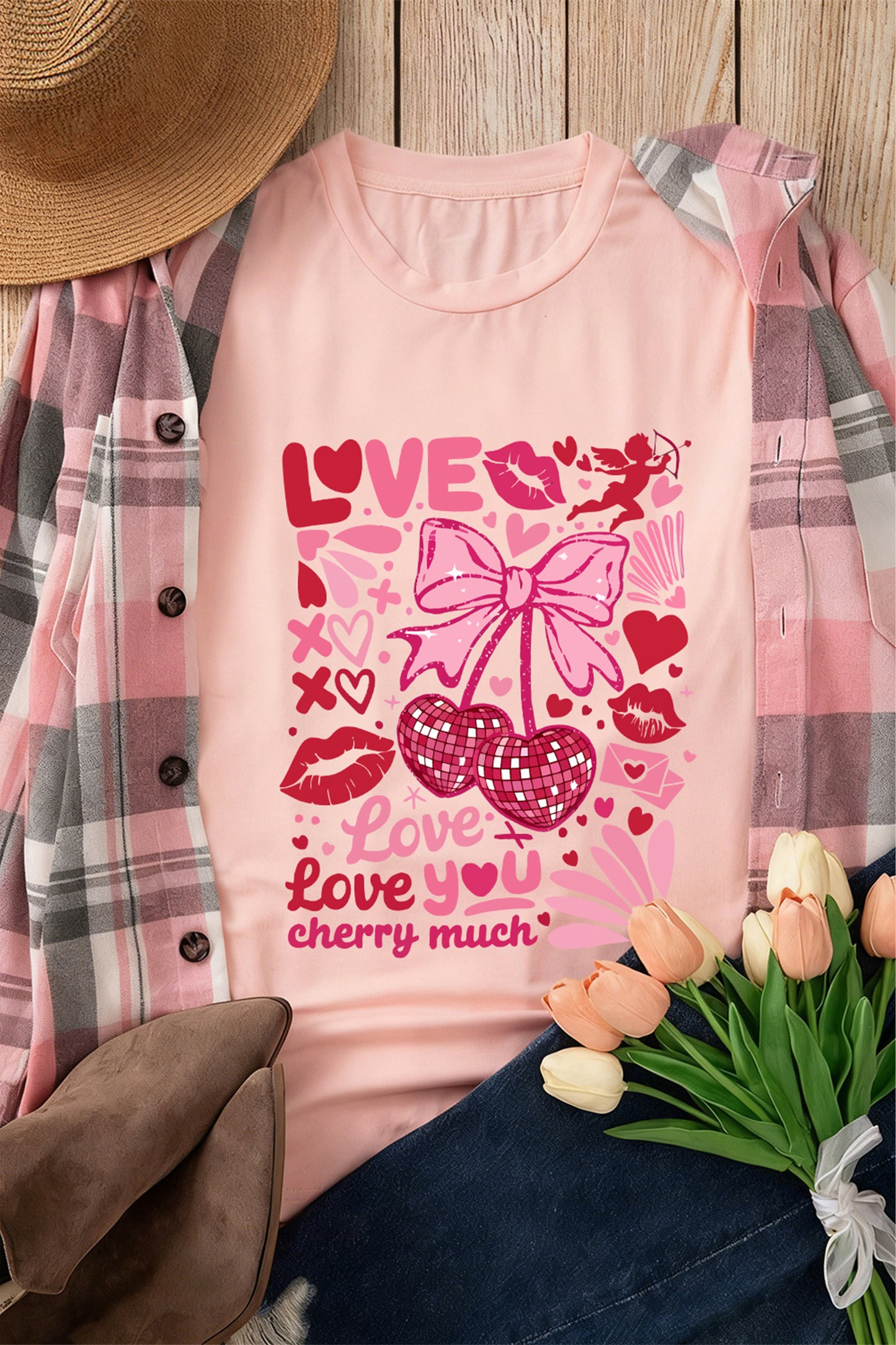 Pink Love You Cherry Much Valentines Day Graphic Tee-Graphic Tees-[Adult]-[Female]-2022 Online Blue Zone Planet
