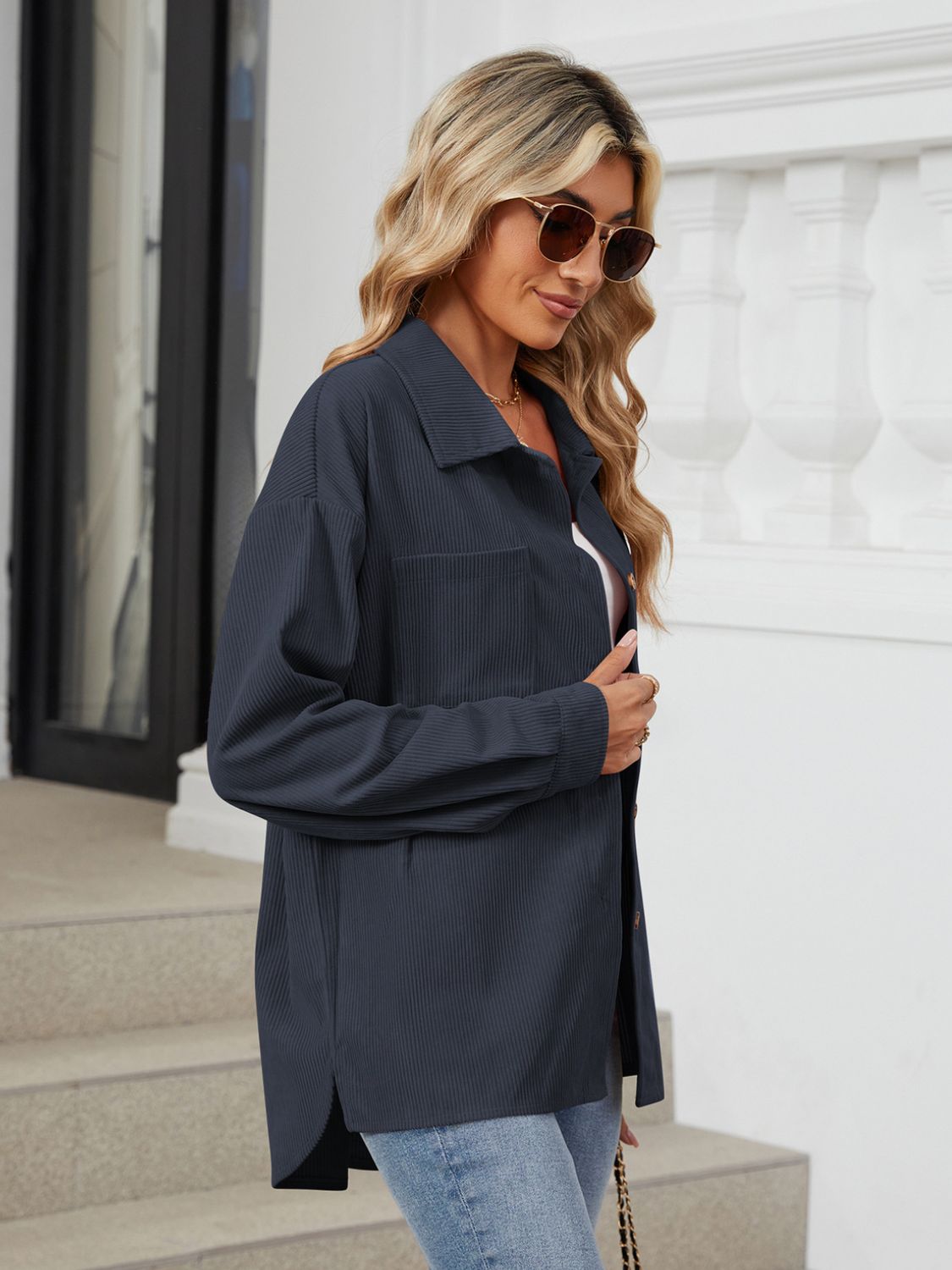 Blue Zone Planet | Button Up Long Sleeve Shirt with Breast Pockets-TOPS / DRESSES-[Adult]-[Female]-2022 Online Blue Zone Planet