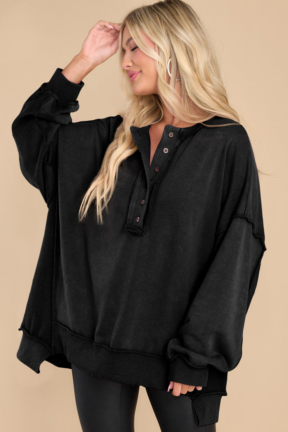 Black Oversized Exposed Seam Henley Sweatshirt-Tops/Sweatshirts & Hoodies-[Adult]-[Female]-2022 Online Blue Zone Planet