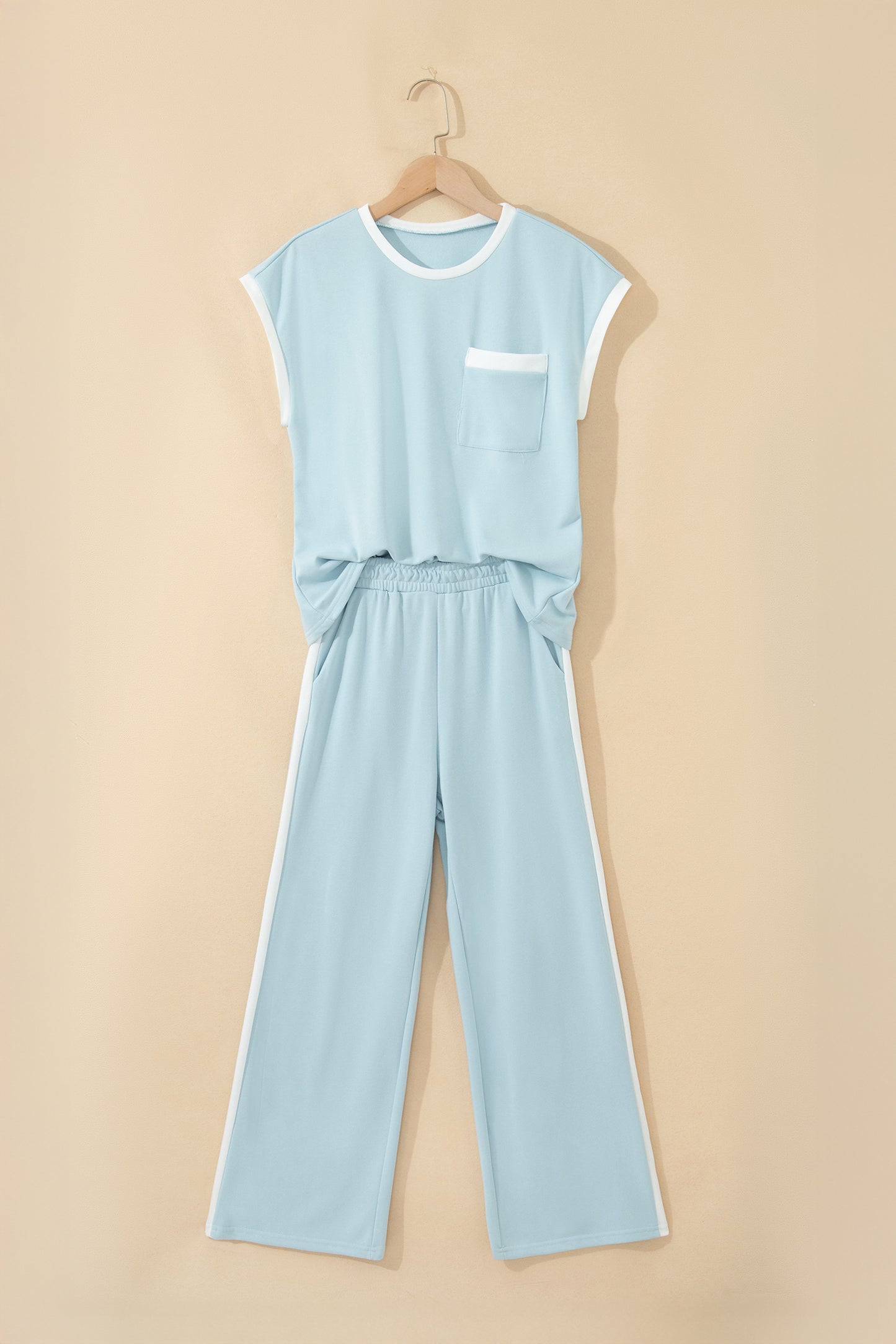 Mist Blue Contrast Trim Round Neck Pocketed Boxy Tank Top Wide Leg Pant Set-Two Piece Sets/Pant Sets-[Adult]-[Female]-2022 Online Blue Zone Planet
