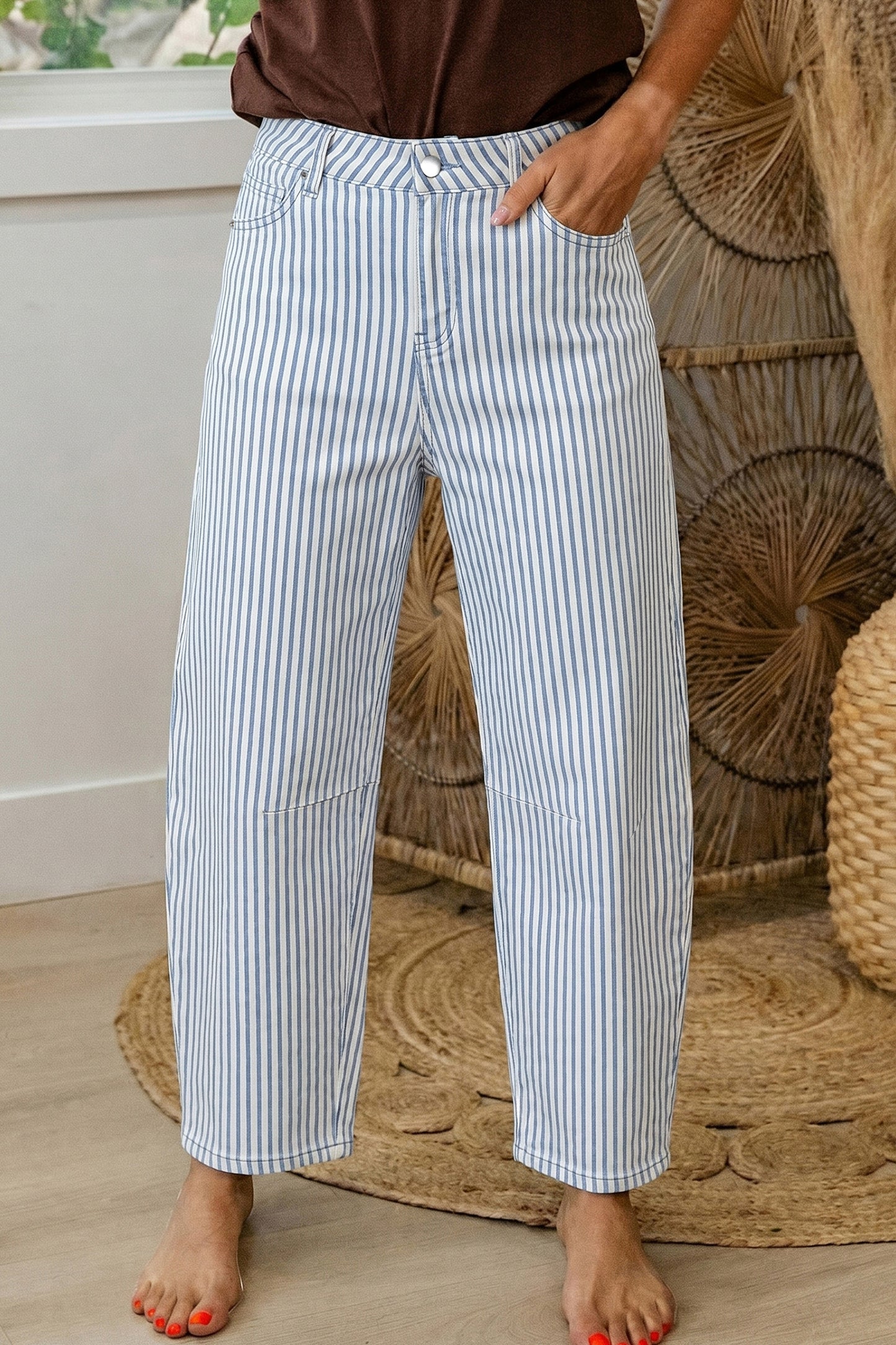 Brown Stripe Casual Barrel Jeans-Bottoms/Jeans-[Adult]-[Female]-Sky Blue Stripe-4-2022 Online Blue Zone Planet