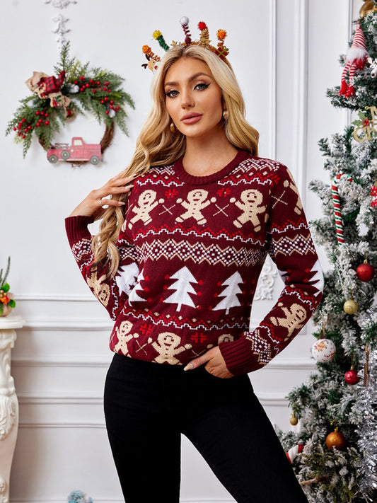 Gingerbread Round Neck Long Sleeve Sweater-TOPS / DRESSES-[Adult]-[Female]-Burgundy-S-2022 Online Blue Zone Planet