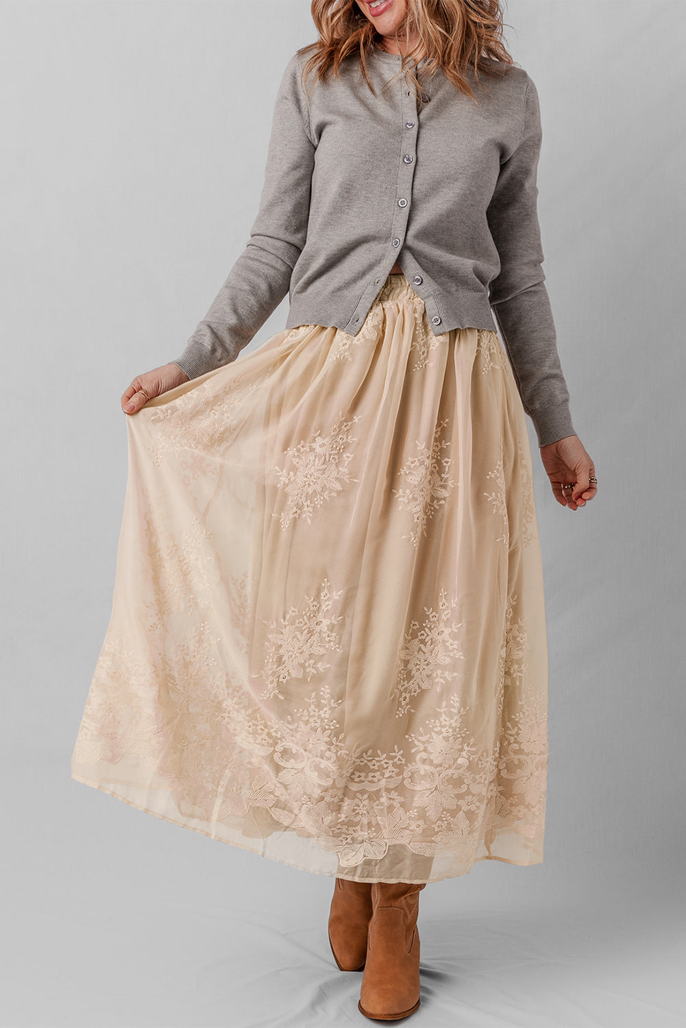 Oatmeal Embroidered Mesh Overlay Flowy Long Skirt-Bottoms/Skirts & Petticoat-[Adult]-[Female]-2022 Online Blue Zone Planet