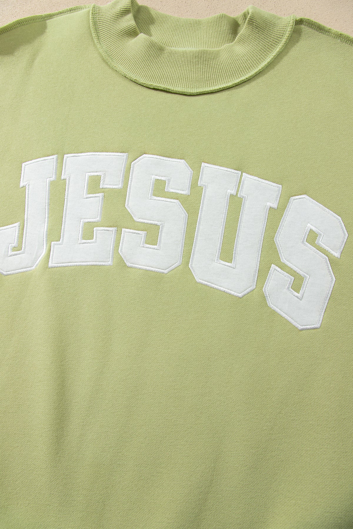 Meadow Mist Green JESUS Letter Patch Graphic Exposed Seam Mock Neck Baggy Sweatshirt