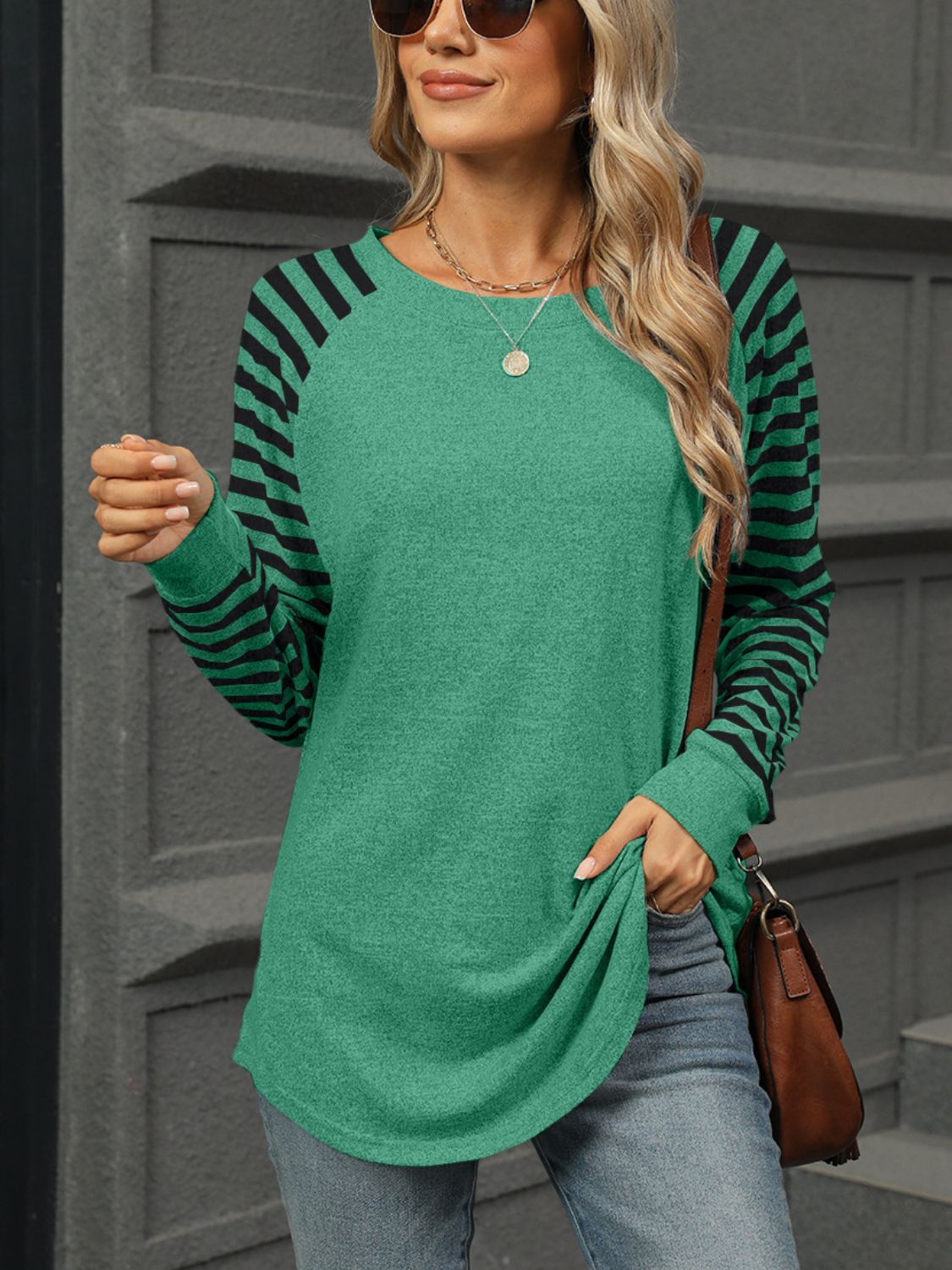 Blue Zone Planet | Striped Round Neck Long Sleeve T-Shirt-TOPS / DRESSES-[Adult]-[Female]-Dark Green-S-2022 Online Blue Zone Planet