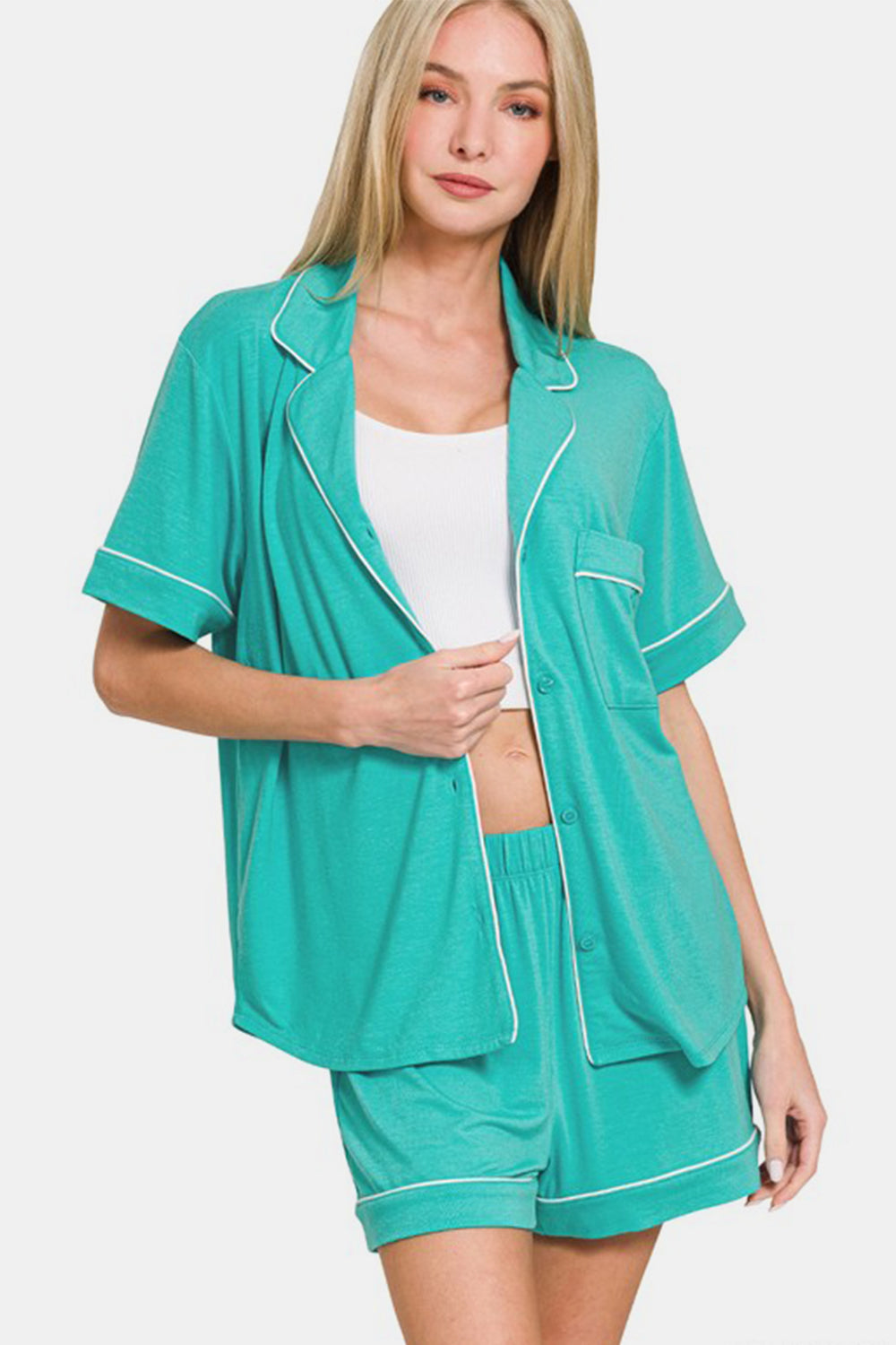 Blue Zone Planet | Zenana Button Down Short Sleeve Top and Shorts Lounge Set-BOTTOM SIZES SMALL MEDIUM LARGE-[Adult]-[Female]-2022 Online Blue Zone Planet