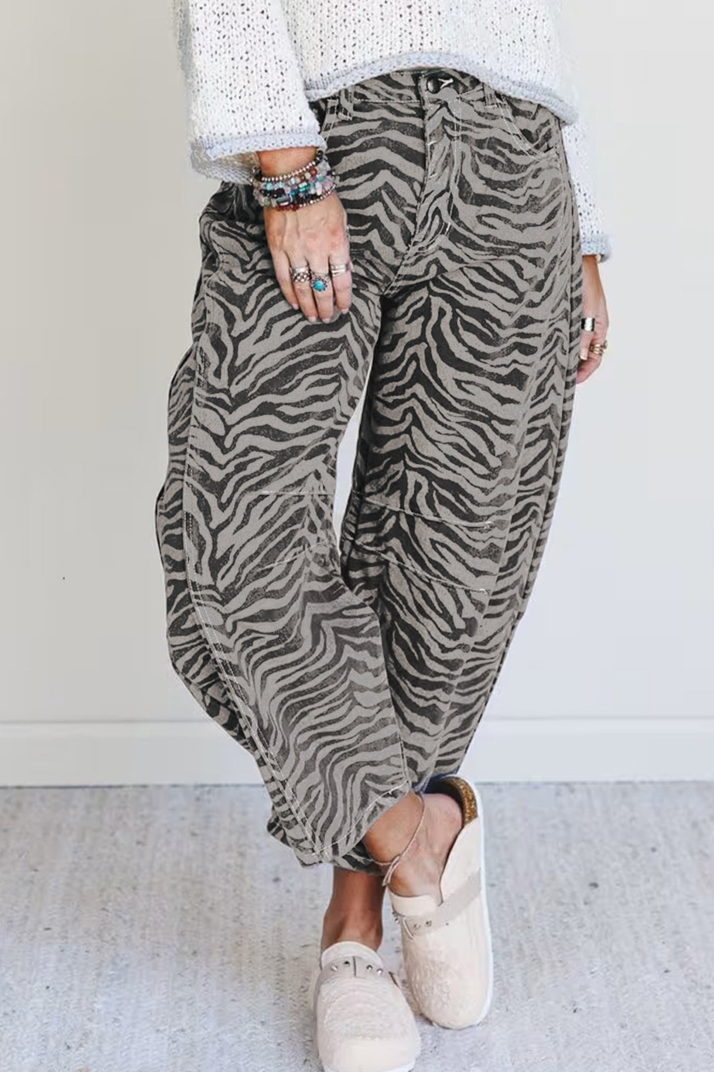 Gray Zebra Stripe Printed Wide Leg Jeans-Bottoms/Jeans-[Adult]-[Female]-2022 Online Blue Zone Planet