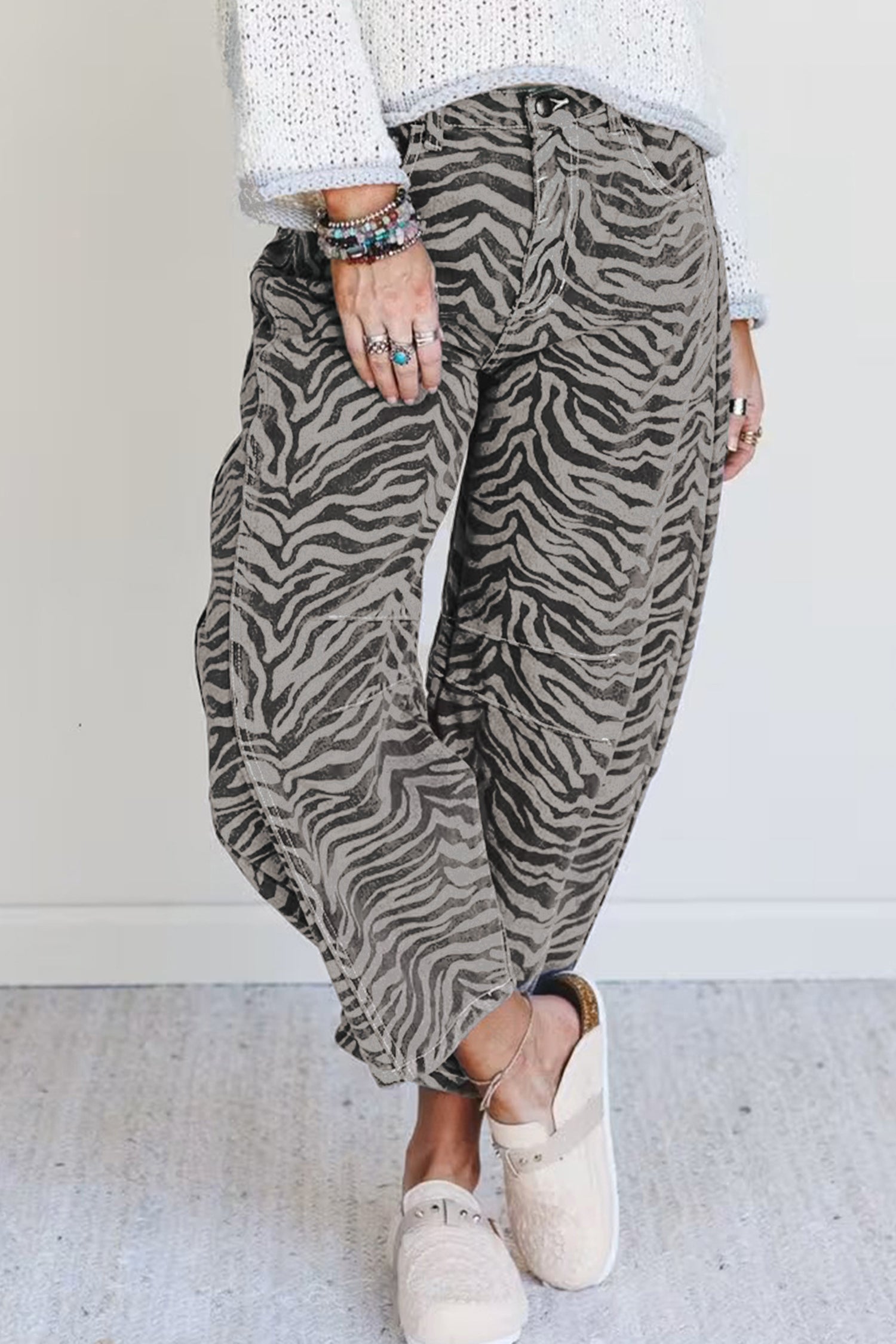 Gray Zebra Stripe Printed Wide Leg Jeans-Bottoms/Jeans-[Adult]-[Female]-2022 Online Blue Zone Planet