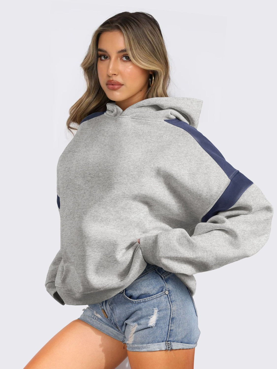 Contrast Dropped Shoulder Long Sleeve Hoodie-TOPS / DRESSES-[Adult]-[Female]-2022 Online Blue Zone Planet