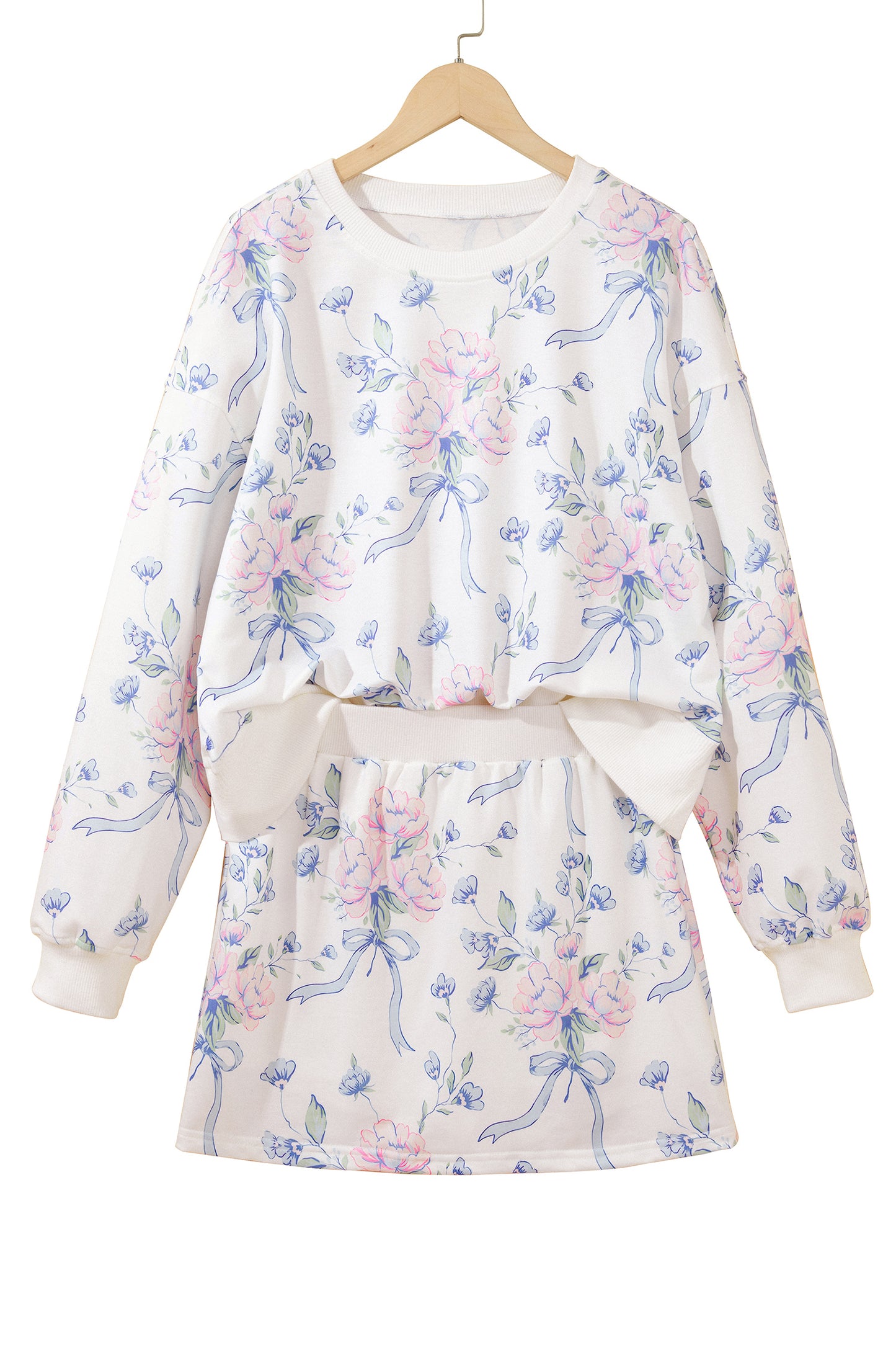 White Floral Print Long Sleeve Top Elastic Waist Skort Two Piece Dresses-TOPS / DRESSES-[Adult]-[Female]-2022 Online Blue Zone Planet