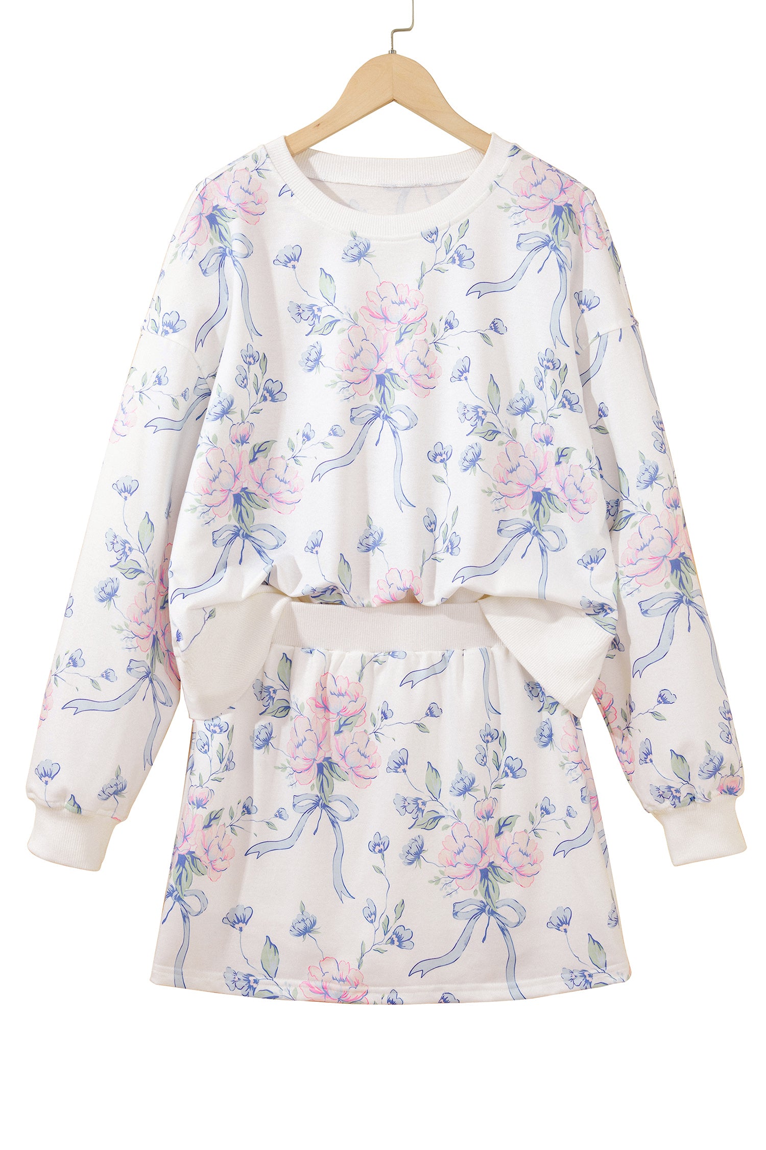 White Floral Print Long Sleeve Top Elastic Waist Skort Two Piece Dresses-TOPS / DRESSES-[Adult]-[Female]-2022 Online Blue Zone Planet