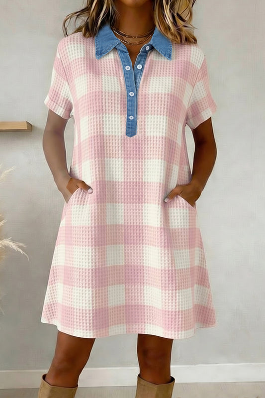 Pink Waffle Plaid Print Contrast Denim Shirt Collar Buttoned T Shirt Mini Dress-TOPS / DRESSES-[Adult]-[Female]-Pink-S-2022 Online Blue Zone Planet