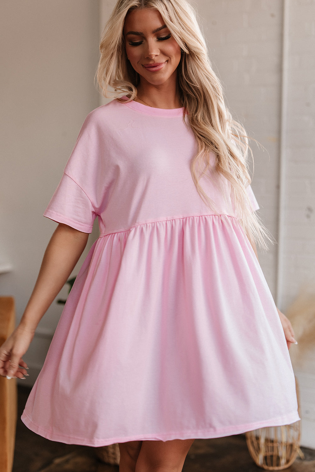 Light Pink Solid Color Pocketed Raw Edge Babydoll Dress-TOPS / DRESSES-[Adult]-[Female]-2022 Online Blue Zone Planet