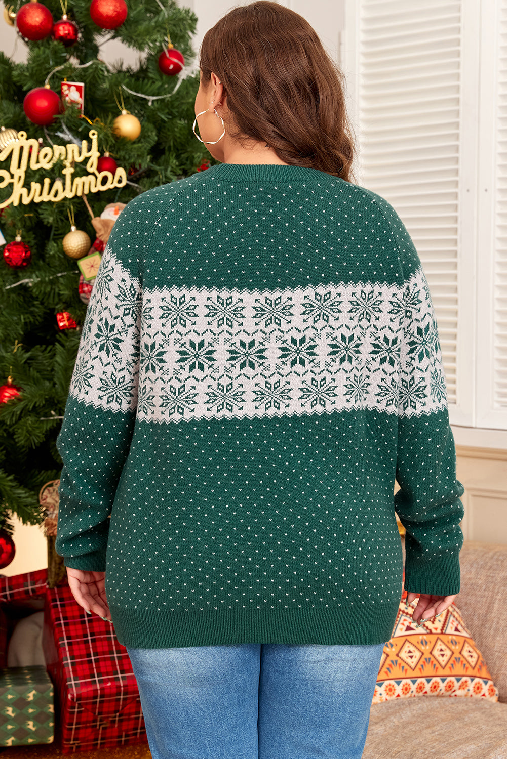 Blue Zone Planet | Green Christmas Snowflake Pattern Drop Shoulder Plus Size Sweater-Plus Size/Plus Size Sweaters & Cardigans-[Adult]-[Female]-2022 Online Blue Zone Planet