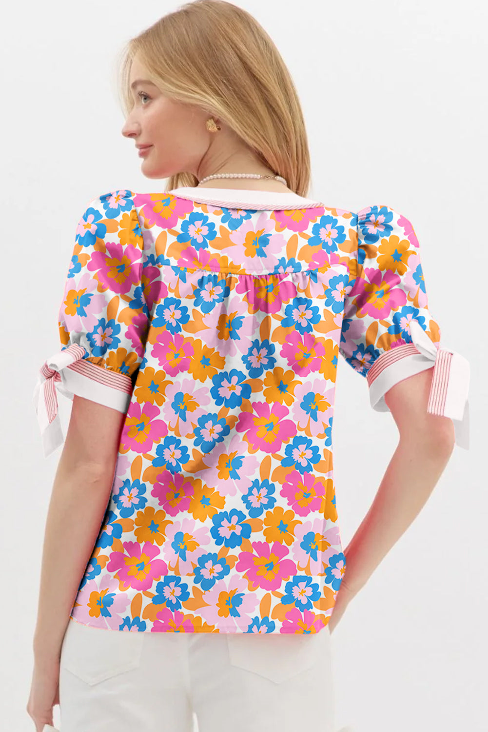 White Floral Colorblock Striped Edge V Neck Knotted Short Sleeve Blouse-Tops/Blouses & Shirts-[Adult]-[Female]-2022 Online Blue Zone Planet