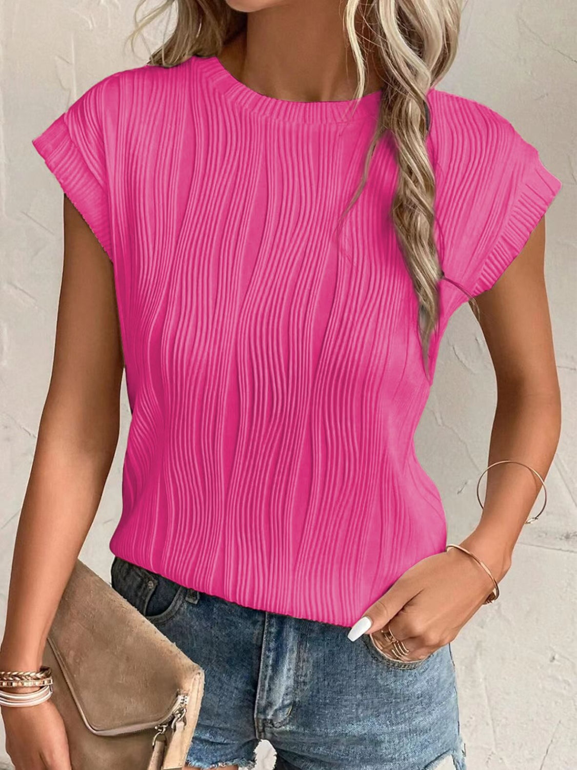 Textured Round Neck Cap Sleeve T-Shirt-TOPS / DRESSES-[Adult]-[Female]-Hot Pink-S-2022 Online Blue Zone Planet