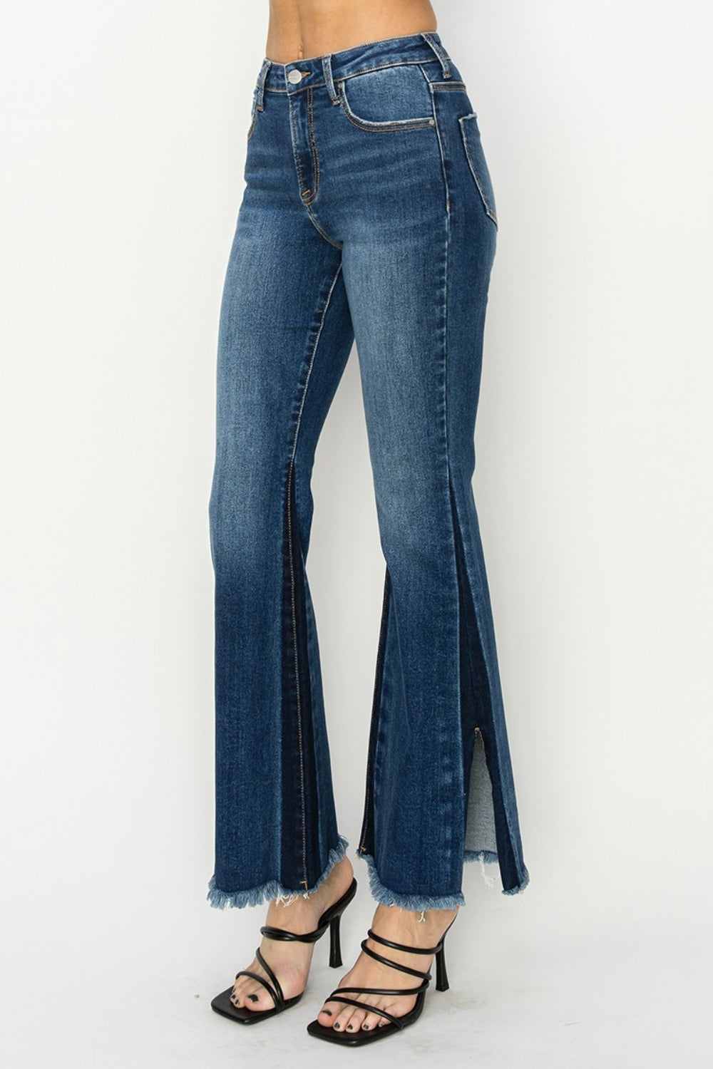 RISEN Full Size High Rise Side Shadow Seam Detail Slit Flare Jeans-BOTTOMS SIZES SMALL MEDIUM LARGE-[Adult]-[Female]-2022 Online Blue Zone Planet