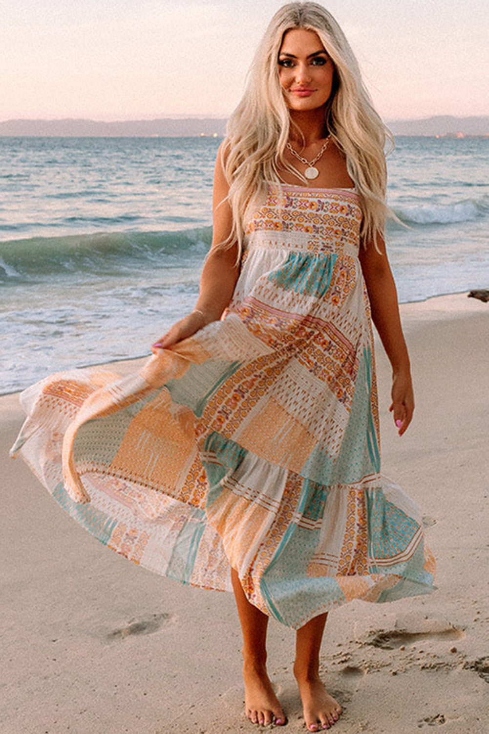 boho patchwork dress Denim Midi with Ruffle Hem Latte / Medium Multicolor Boho Patchwork Print Square