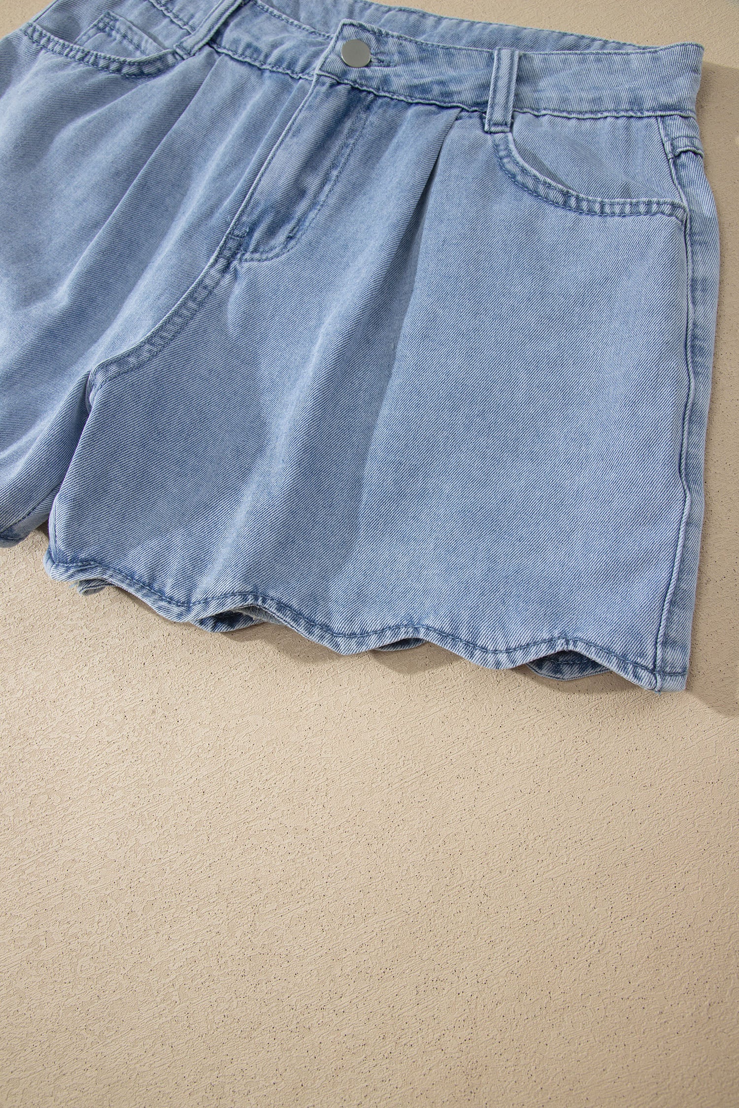 Myosotis Solid Color Scalloped Trim Casual Denim Shorts-Bottoms/Denim Shorts-[Adult]-[Female]-2022 Online Blue Zone Planet