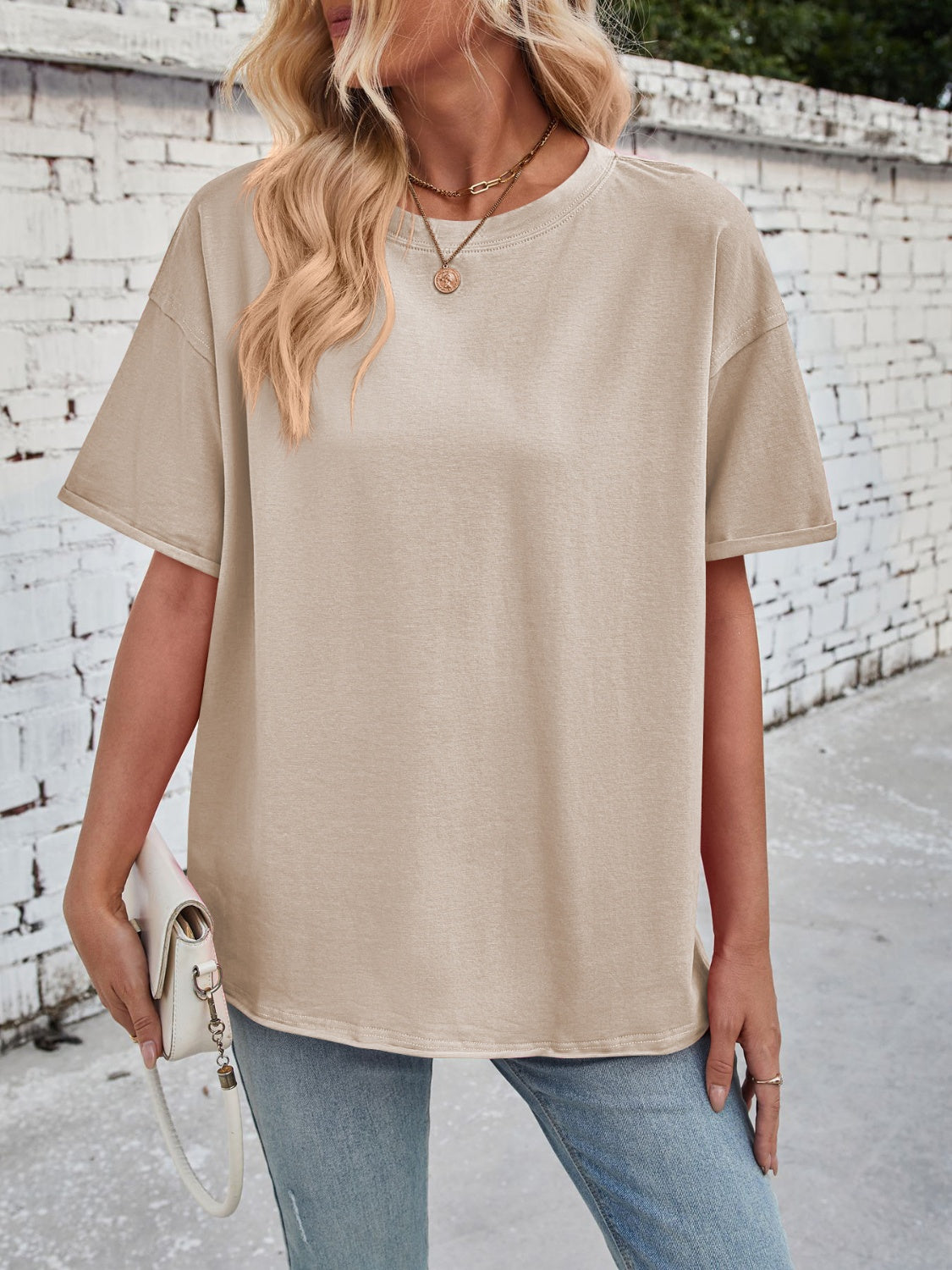 Lovelet Exposed Seam Round Neck Half Sleeve T-Shirt-TOPS / DRESSES-[Adult]-[Female]-Dust Storm-S-2022 Online Blue Zone Planet