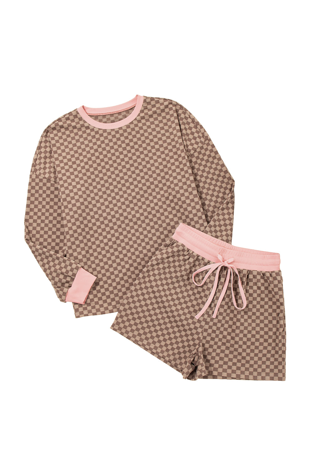Brown Checkerboard Long Sleeve Pullover and Shorts Set-Two Piece Sets/Short Sets-[Adult]-[Female]-2022 Online Blue Zone Planet