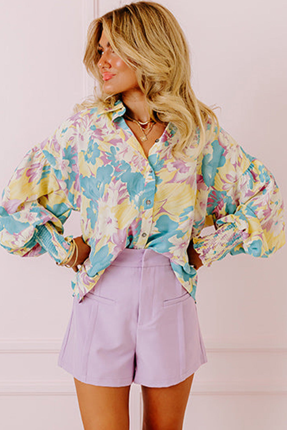 Yellow Floral Allover Print Shirred Cuff Oversized Shirt-Tops/Blouses & Shirts-[Adult]-[Female]-2022 Online Blue Zone Planet