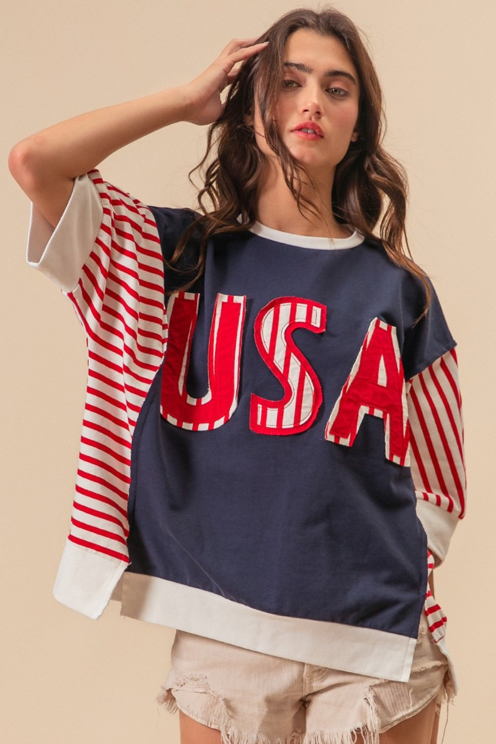 BiBi USA Letter Patchwork Contrast Short Sleeve T-Shirt-TOPS / DRESSES-[Adult]-[Female]-Navy/Red/Coral-S-2022 Online Blue Zone Planet