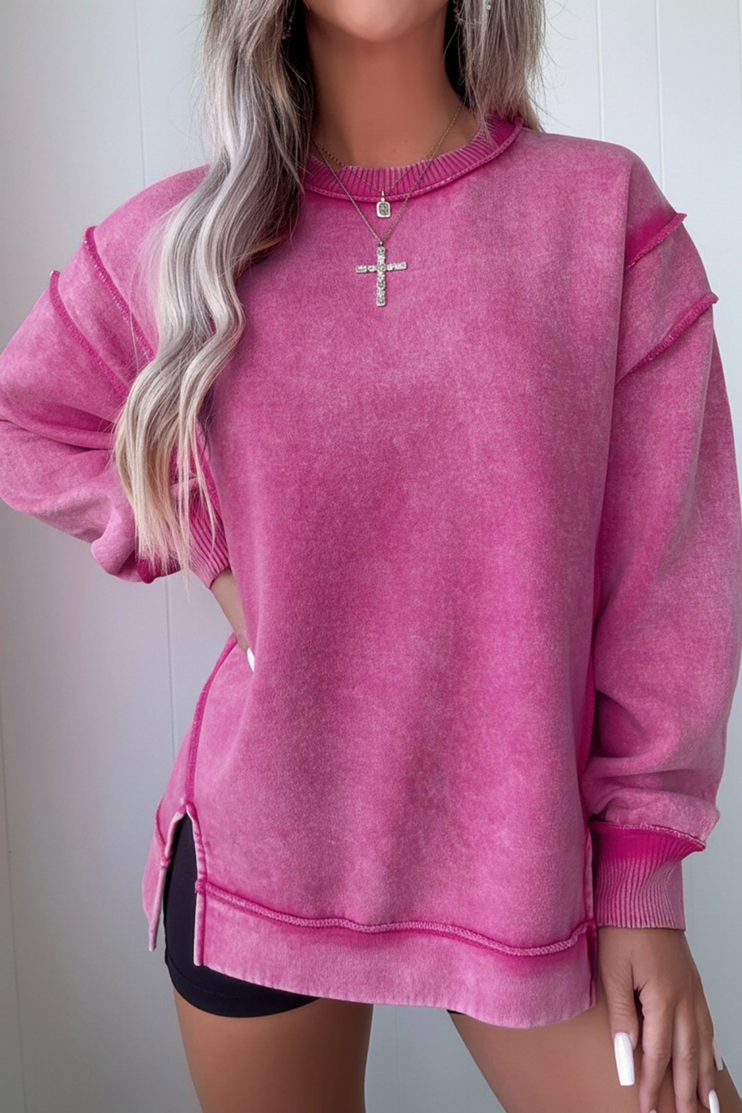 Rose Red Mineral Wash Exposed Seam Side Slit Sweatshirt-Tops/Sweatshirts & Hoodies-[Adult]-[Female]-Rose Red-S-2022 Online Blue Zone Planet